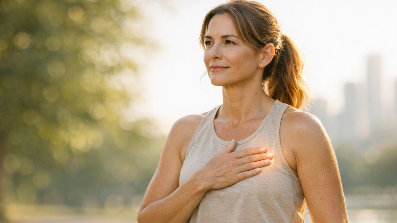 Middle-aged woman in athletic wear outdoors holding chest, representing heart attack risk or chest pain in fit people.