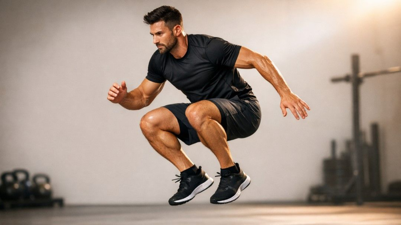 Muscular man performing a plyometric jump squat in a gym, demonstrating a powerful athletic movement related to neuromuscular reflexes and fitness training.