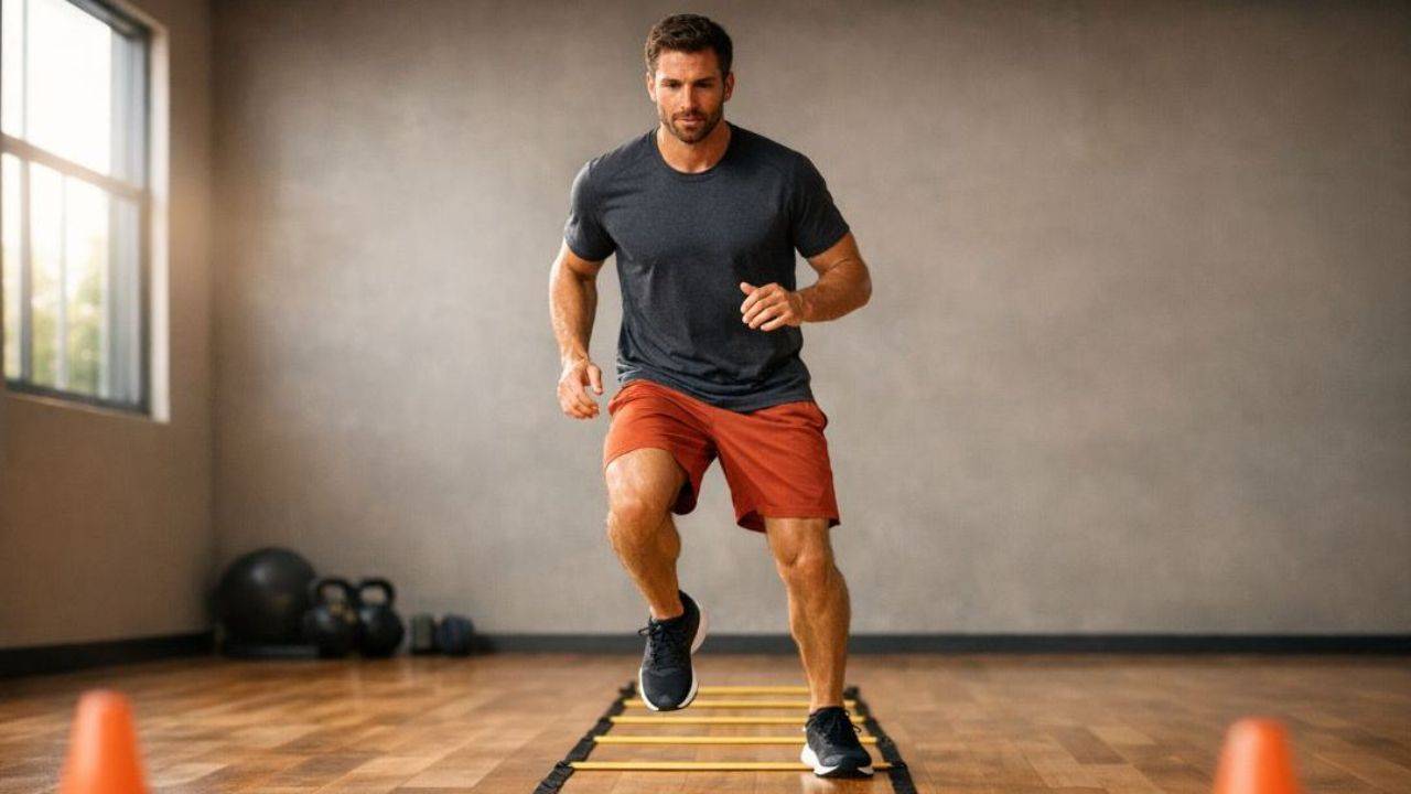 An athlete performing agility ladder drills in a gym to improve neuromuscular coordination and footwork speed.