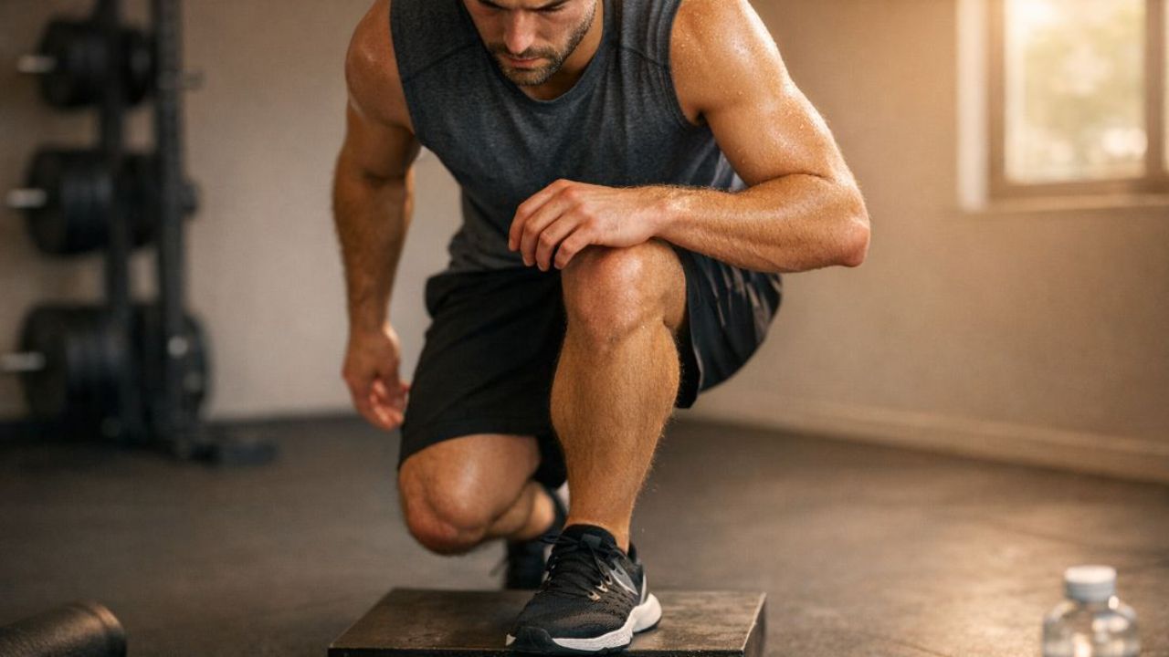 A fatigued athlete in a gym setting demonstrating a loss of stability and neuromuscular control during a single-leg exercise.