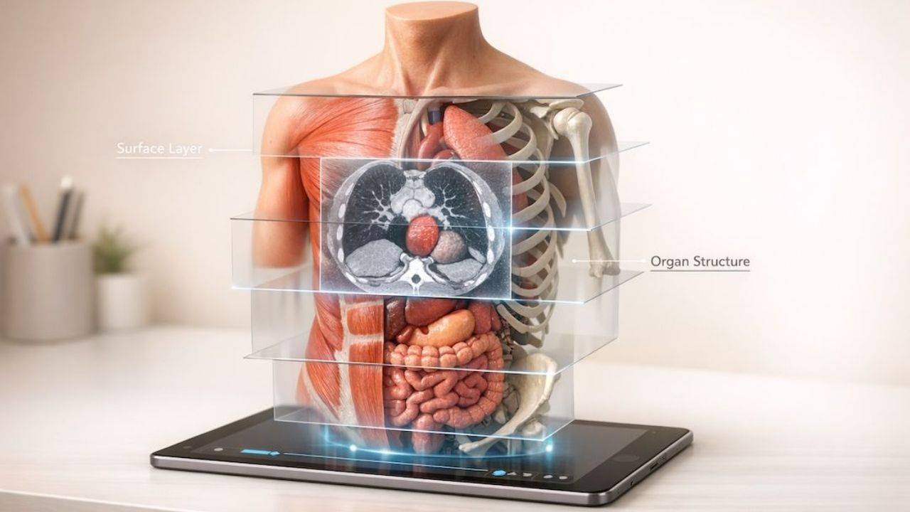 3D anatomical model showing human torso layers, including a surface layer of muscles and bone, an organ structure layer with intestines and heart, and a middle layer featuring a medical CT scan, demonstrating how 3D cadaver imaging aids anatomy learning.