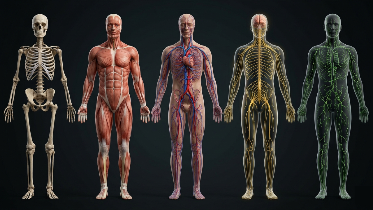 Illustration of the human skeletal, muscular, circulatory, nervous, and lymphatic systems