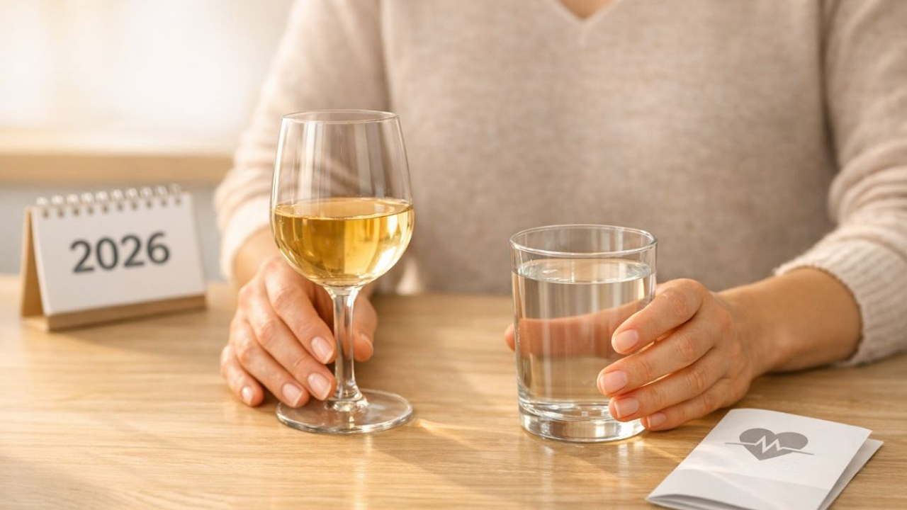 Hands holding a glass of white wine and a glass of water, with a 2026 calendar and a heart health pamphlet, illustrating new alcohol consumption guidelines and health risks.