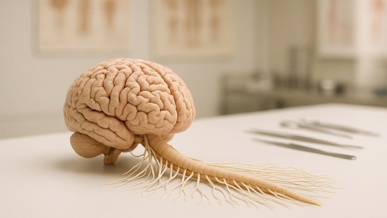 Human brain, brainstem, and peripheral nerves for studying nervous system education, disorders, and cadaver-based learning.