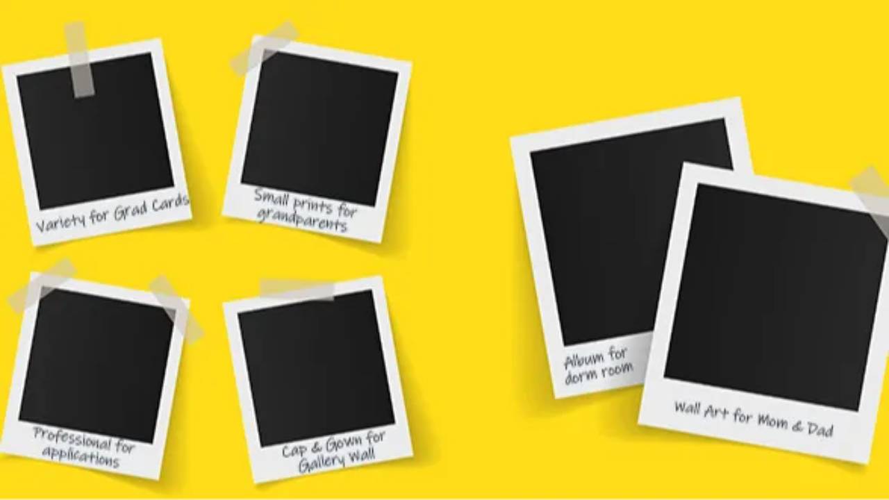 polaroid frames labeled for needed pictures yellow background