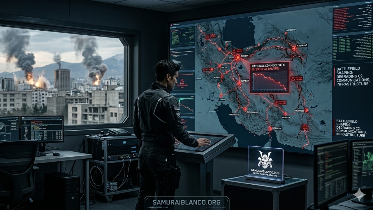 Representación de guerra híbrida y ataque cibernético a infraestructura crítica durante operación contra Irán