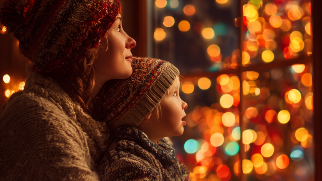 mother and child wearing knit caps snuggle by window watching the Christmas lights outside