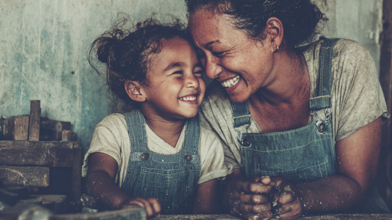 mother and child in coveralls share a happy moment