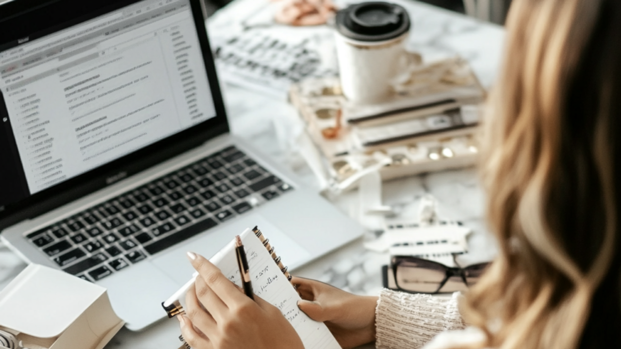 woman sitting at computer with a pad of paper and pen developing her plan