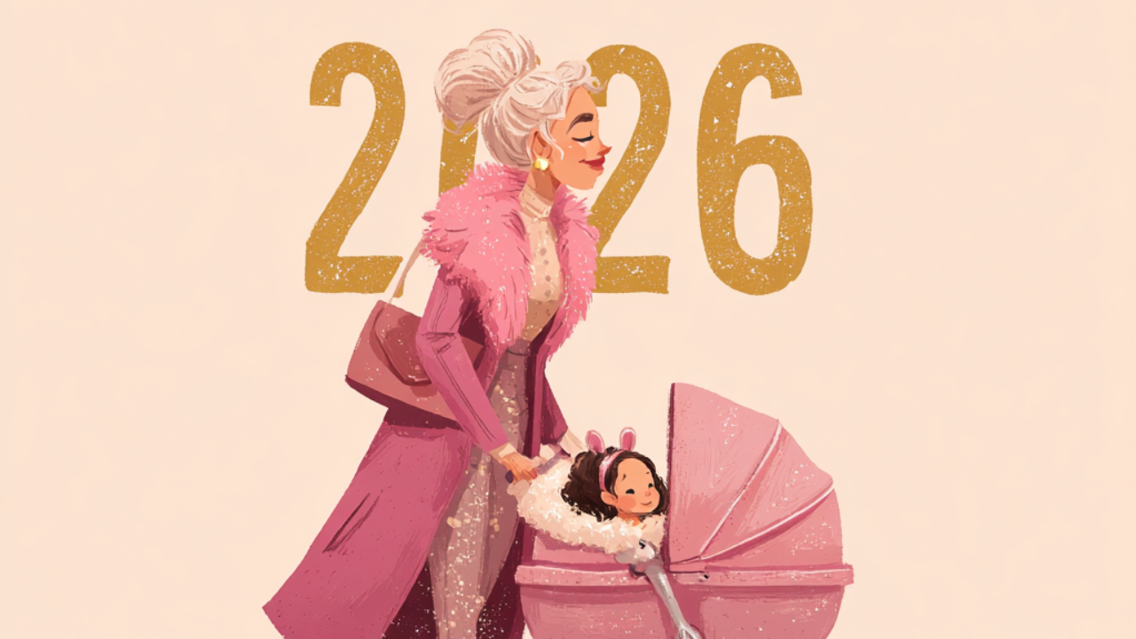 Young woman dressed in pink with a baby carriage and 2026 in the back