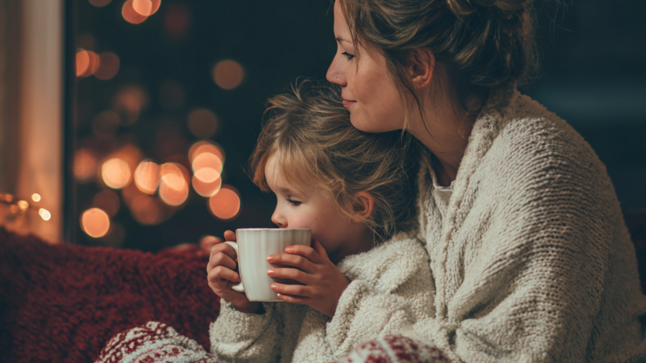 mother snuggling with child drinking hot chocolate 