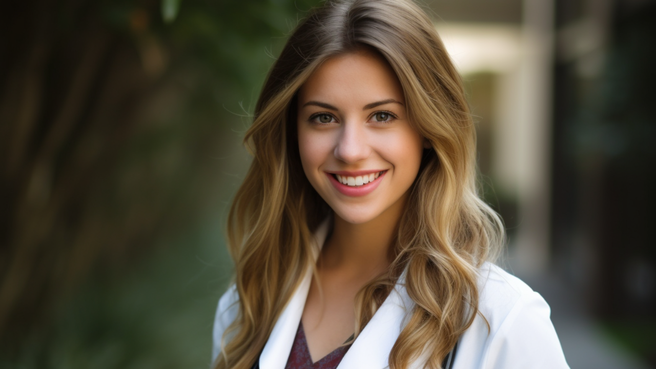 a young woman physician stands outdoors confident in her ability to measure her progress