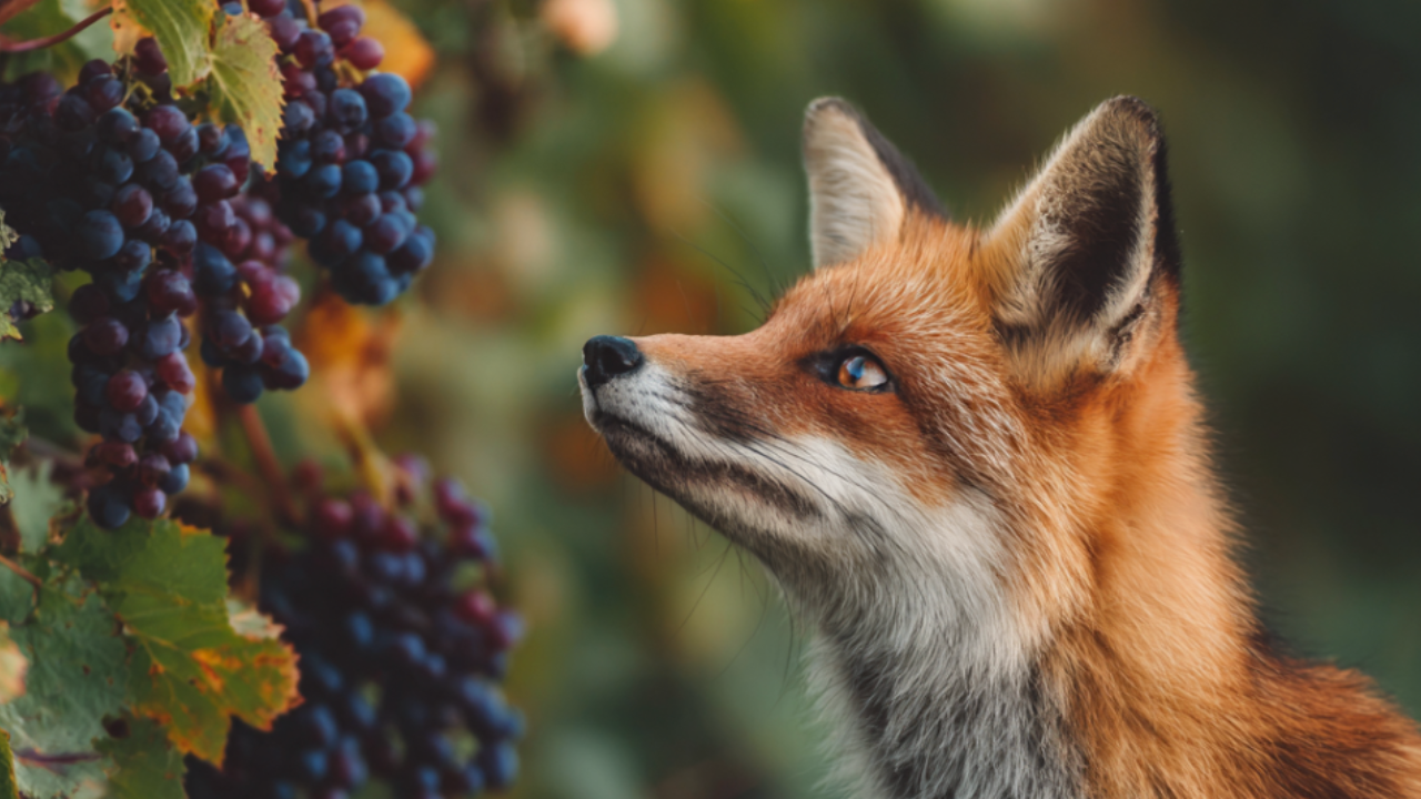A fox looks longingly at purple grapes it can't reach