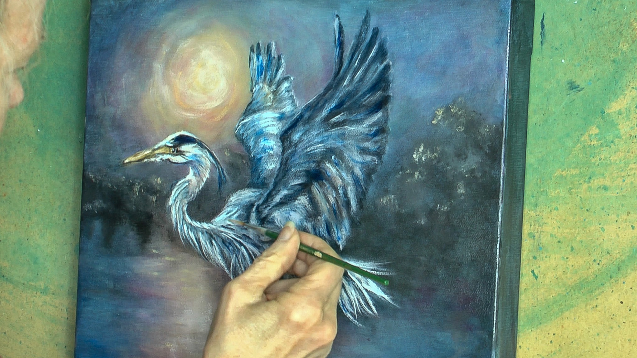 Artist Jenn Royster painting great blue heron in oil.