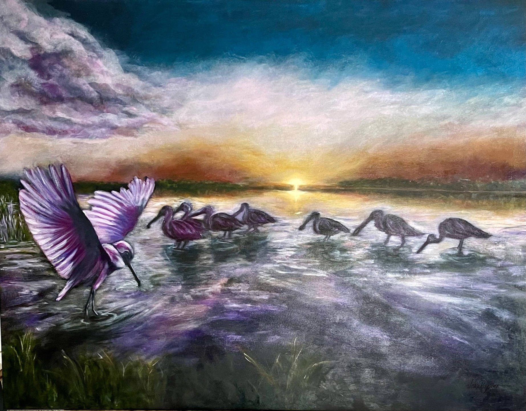 oil painting by artist Jenn Royster. Roseate spoonbills at sunset in coastal marsh.
