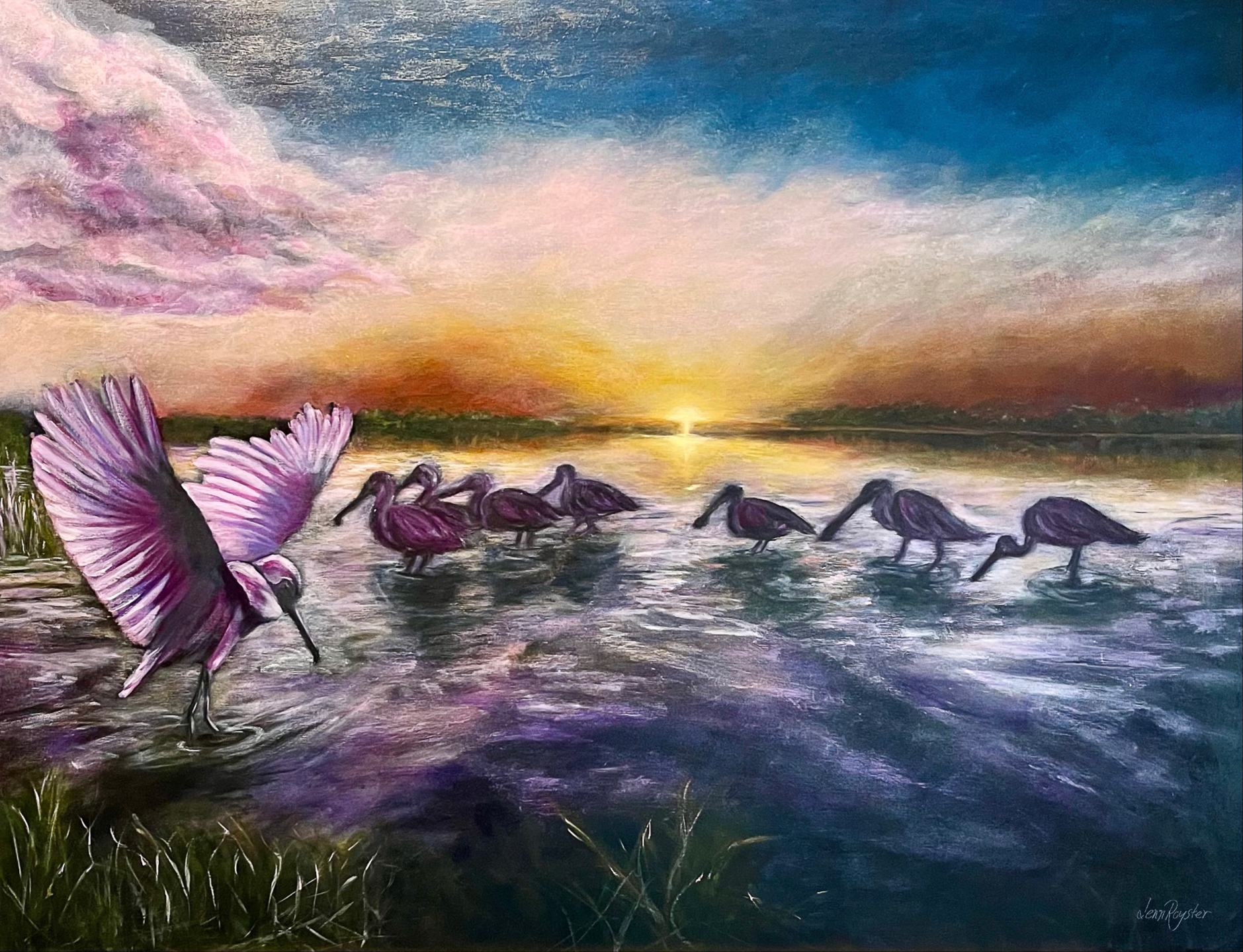 oil painting by artist Jenn Royster. Roseate spoonbills at sunset in coastal marsh.