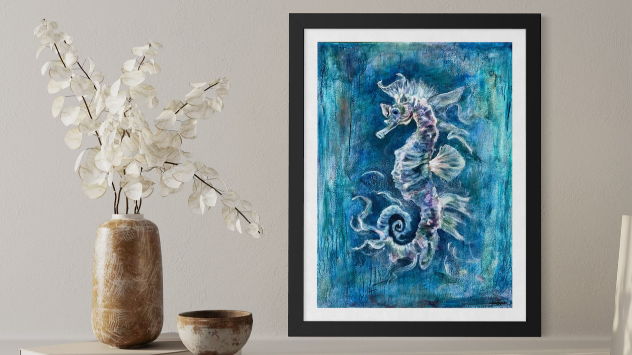 Ethereal Drift of the Seahorse. Mixed media with oil finish painting by artist Jenn Royster