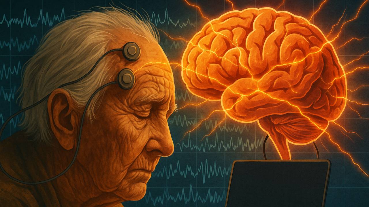 Older adult face with electrodes on their forehead and a brain behind them.