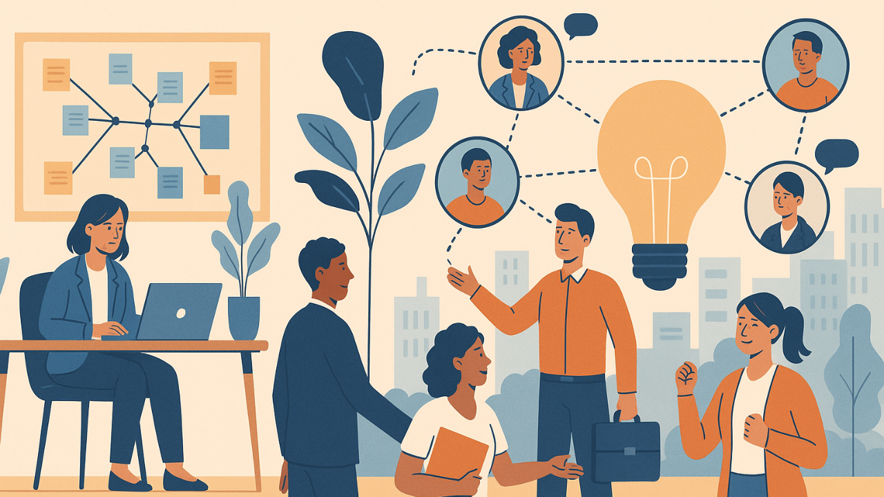 Image of entrepreneurs networking through various communication mediums,.