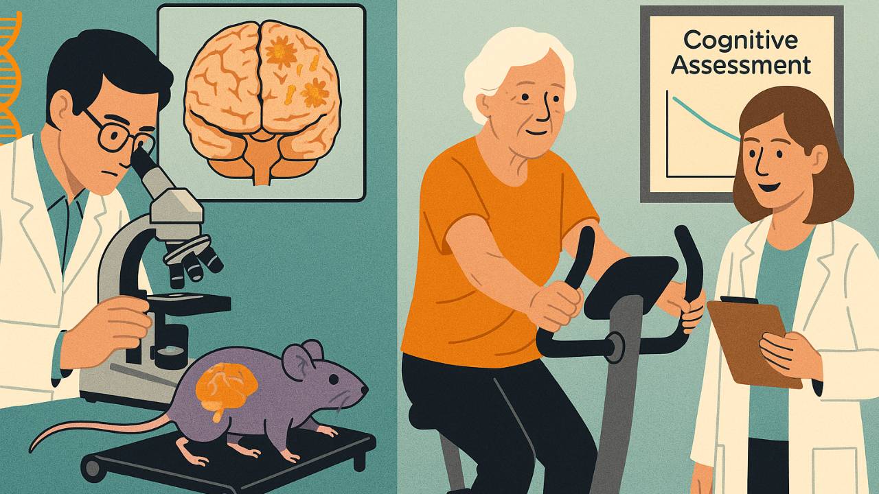 Photo representing bench  (scientist with rat on left side) and bedside (clinician with person on the other side)