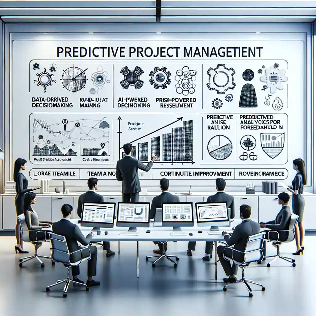 Minimalistic office setting showing predictive project management techniques on a clean screen: Data-Driven Decision Making, AI-Powered Risk Assessment, Proactive Issue Resolution, Predictive Analytics for Forecasting, and Continuous Improvement