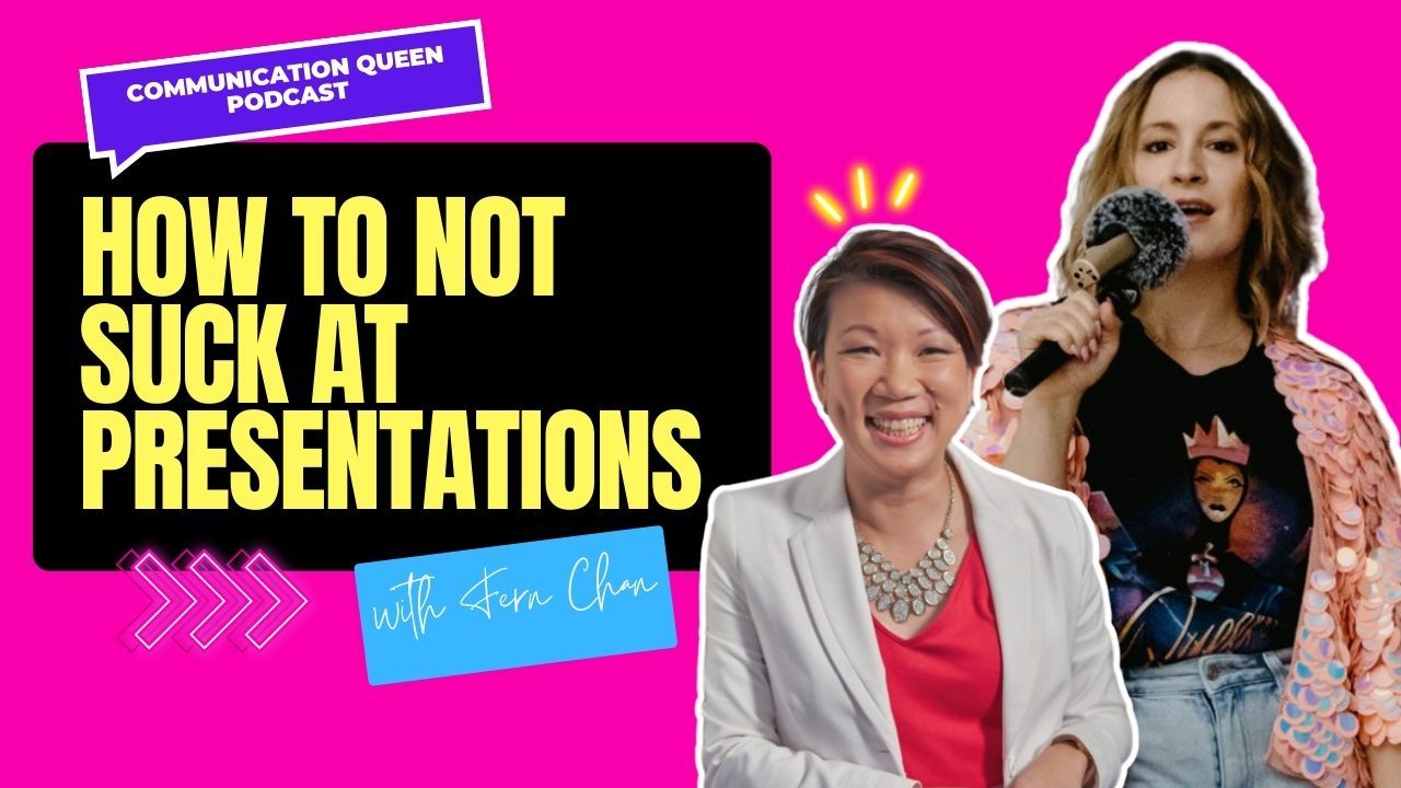 Kimberly Spencer, CEO of Communication Queens, with podcast microphone and text that reads “How to not suck at presentations with Fern Chan” and “Kimberly Spencer”