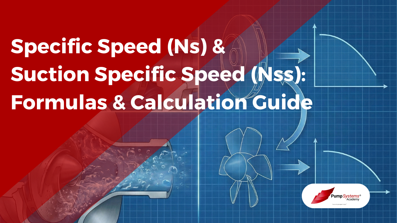 Engineering blueprint comparing Specific Speed (Ns) impeller geometries (Radial vs Axial) and Suction Specific Speed (Nss) cavitation risks.