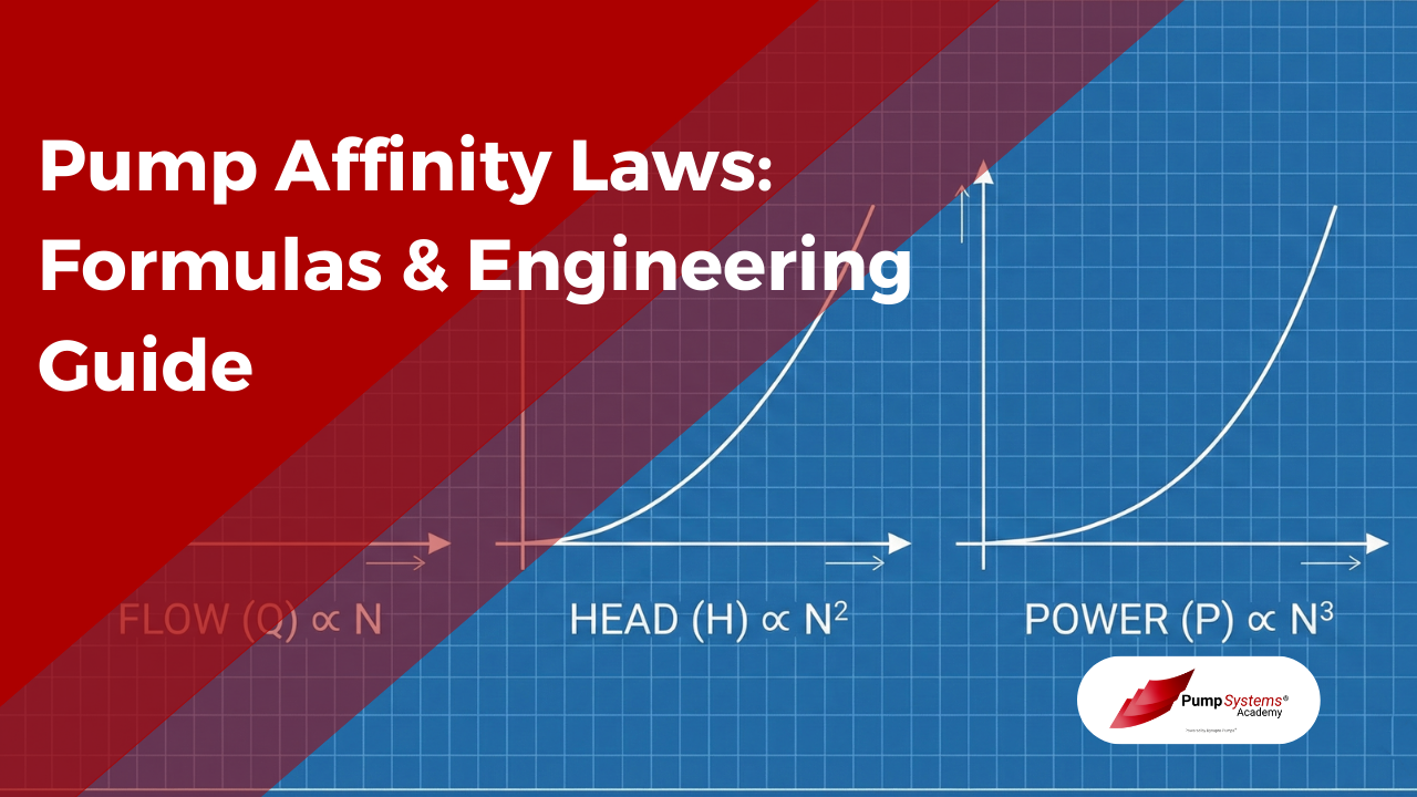 Technical blueprint graph illustrating the Pump Affinity Laws: Linear Flow, Squared Head, and Cubic Power relationships.