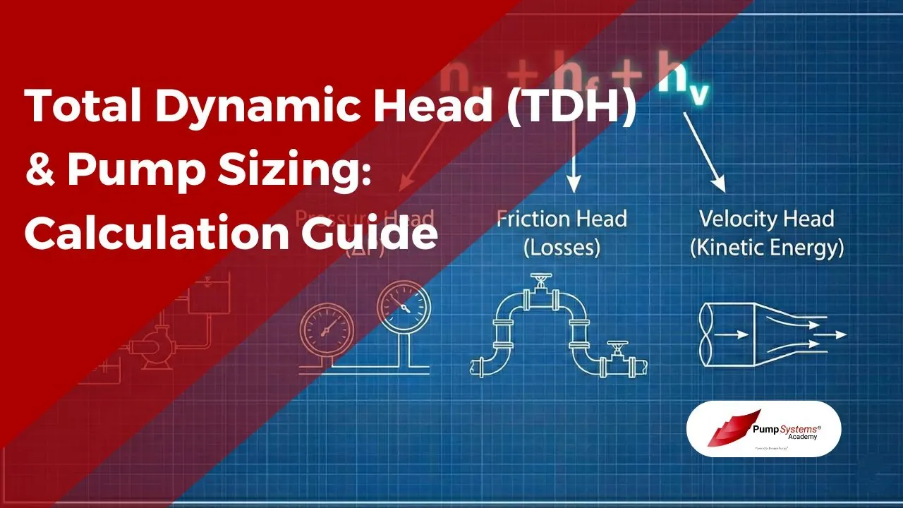 Cover image for the Total Dynamic Head (TDH) & Pump Sizing guide, illustrating pressure, friction, and velocity head components.