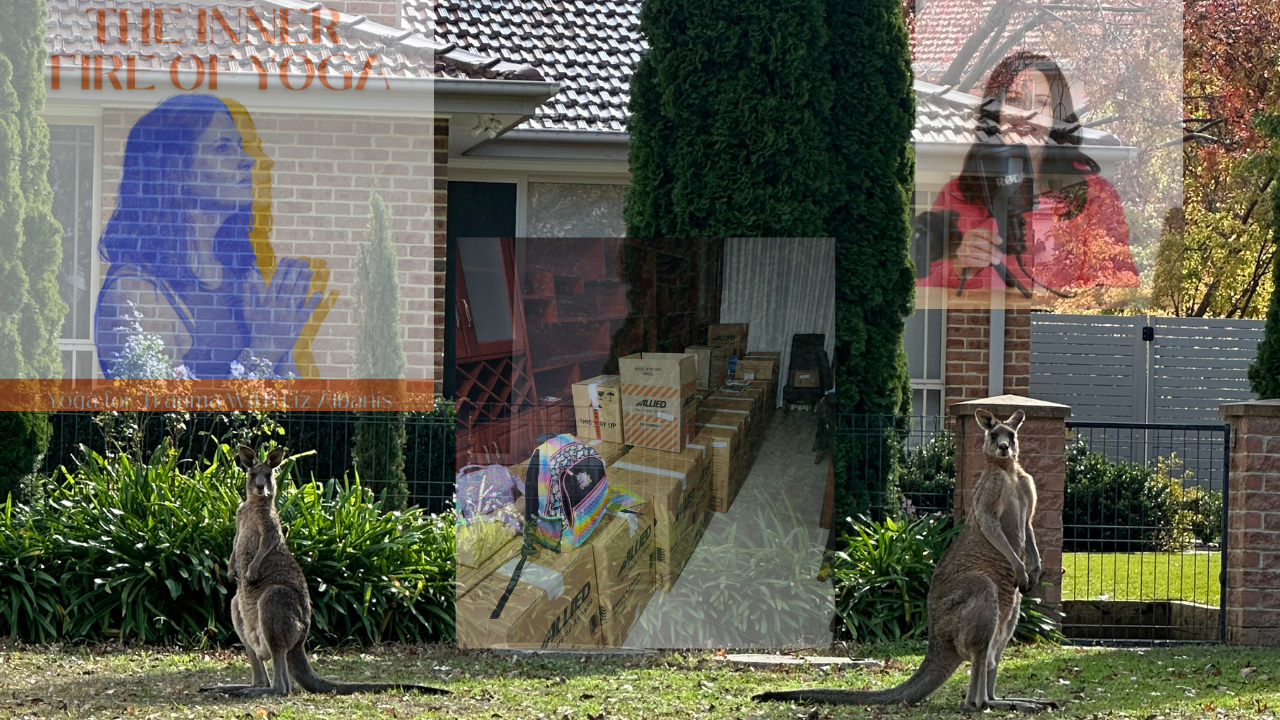 house in autumn with 2 kangaroos inner fire of yoga podcast logo lady with microphone moving boxes