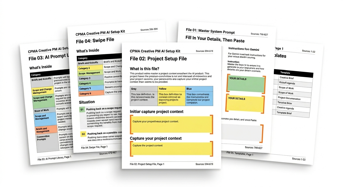 Selected pages from the Creative PM AI Kit which show various inputs and templates that are included in the purchase of the kit.