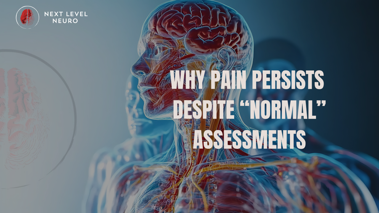 Illustration representing how pain can persist despite normal imaging due to nervous system interpretation rather than tissue damage