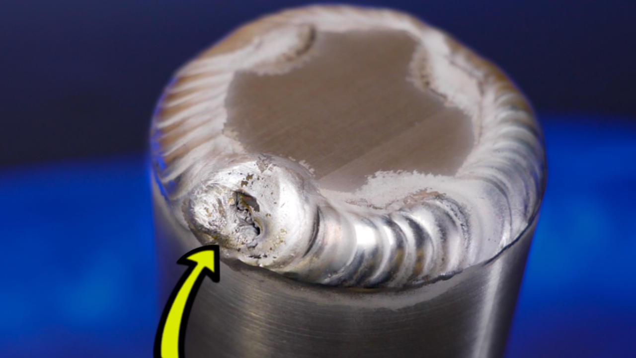 Close up of TIG weld around the top of Aluminum tube, showing cracks. 