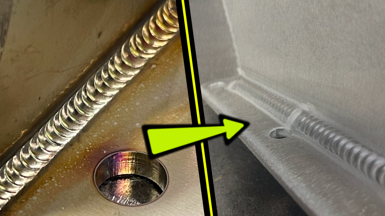 Close-up comparison of two aluminum TIG welds — one golden and flawless, the other silver with a highlighted section showing an improvement point, marked by a bright green arrow.