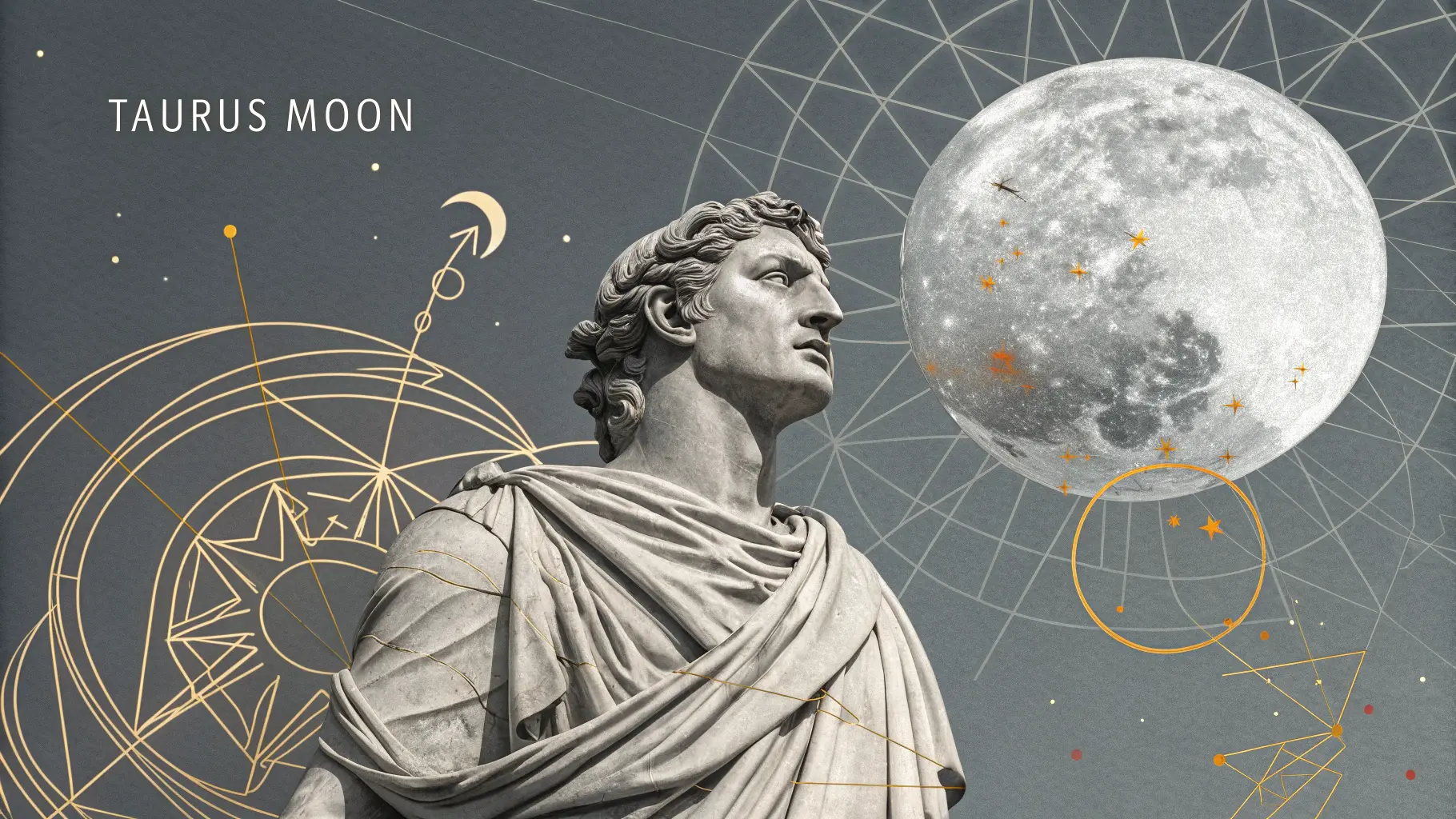 The bright illumination of the full moon which arcs behind the Taurus statue makes it prominent within the night scenery.