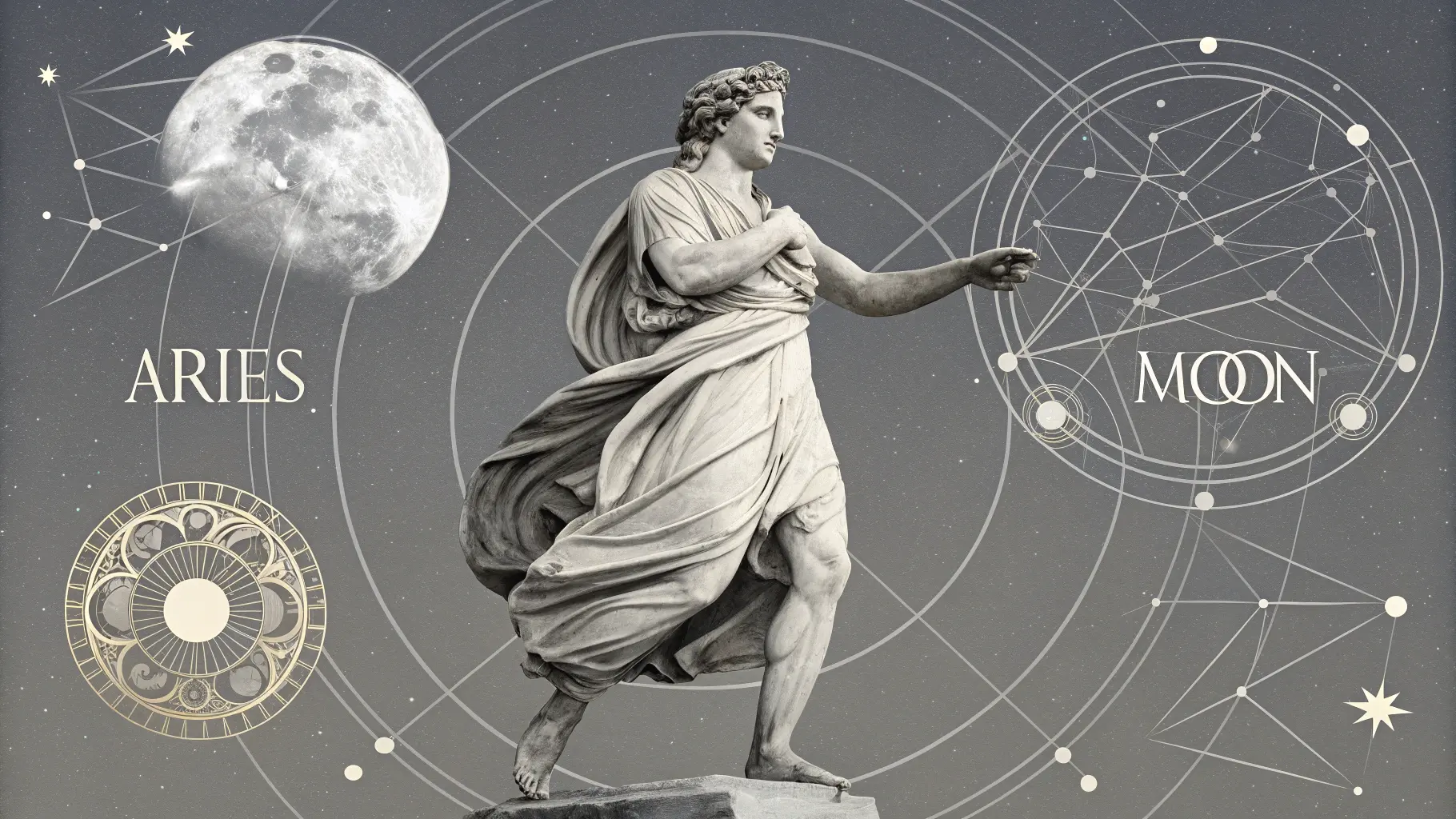 A male statue holds a sign which reveals his affiliation with Aries Moon astrology components and creative expression abilities.