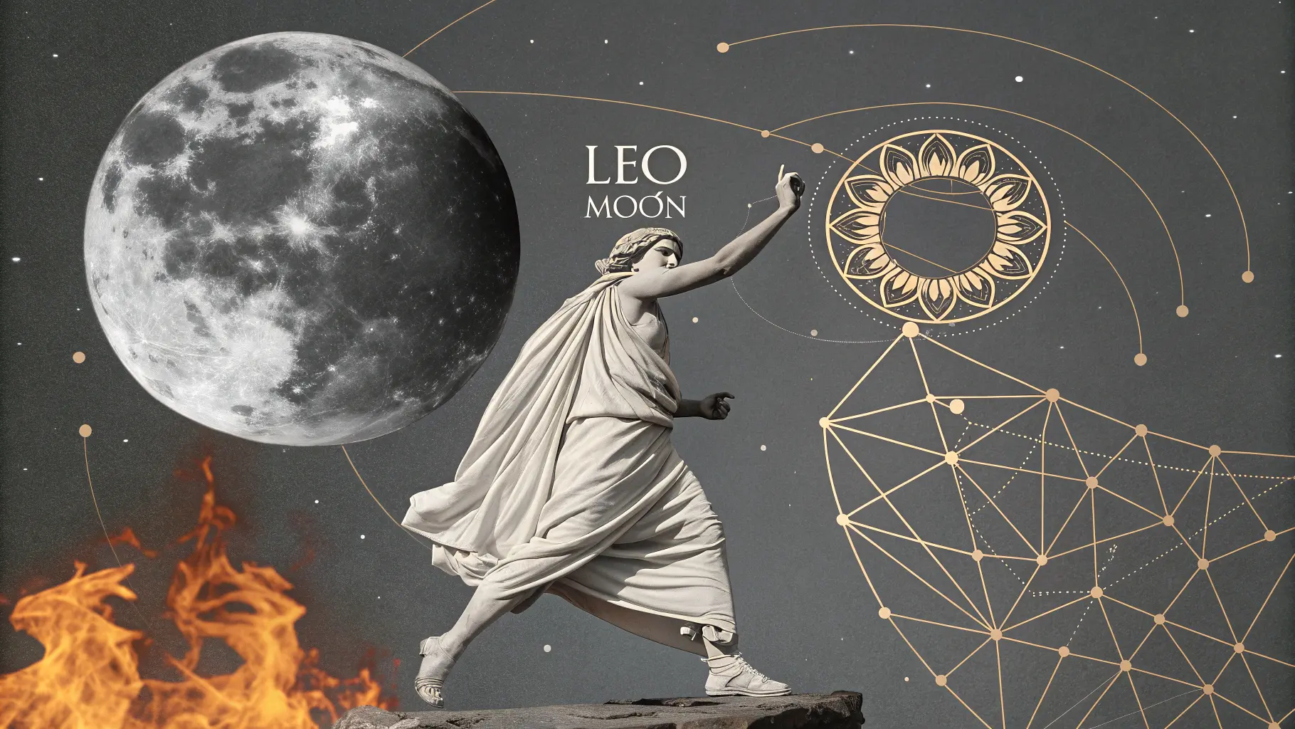 This noteworthy image fuses a charming design of a Leo zodiac sign lion with a crescent moon.