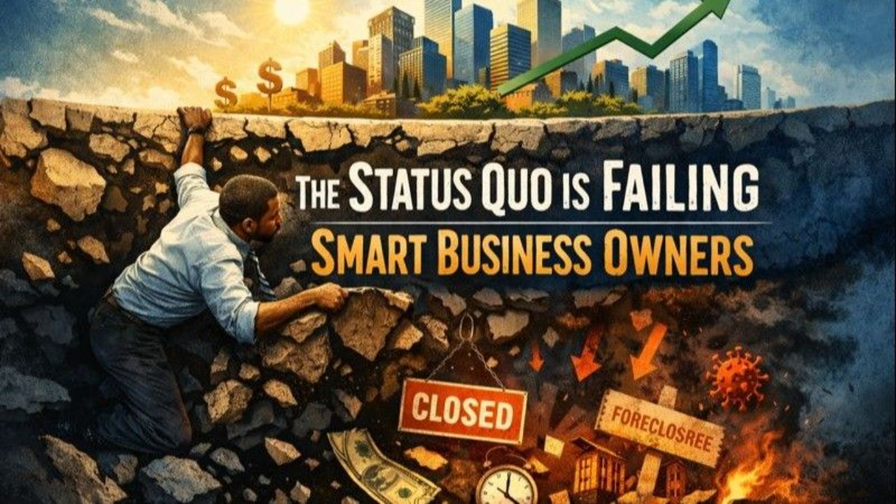 Small business owner in a pit, looking at the skyscapers of a city's downtown.