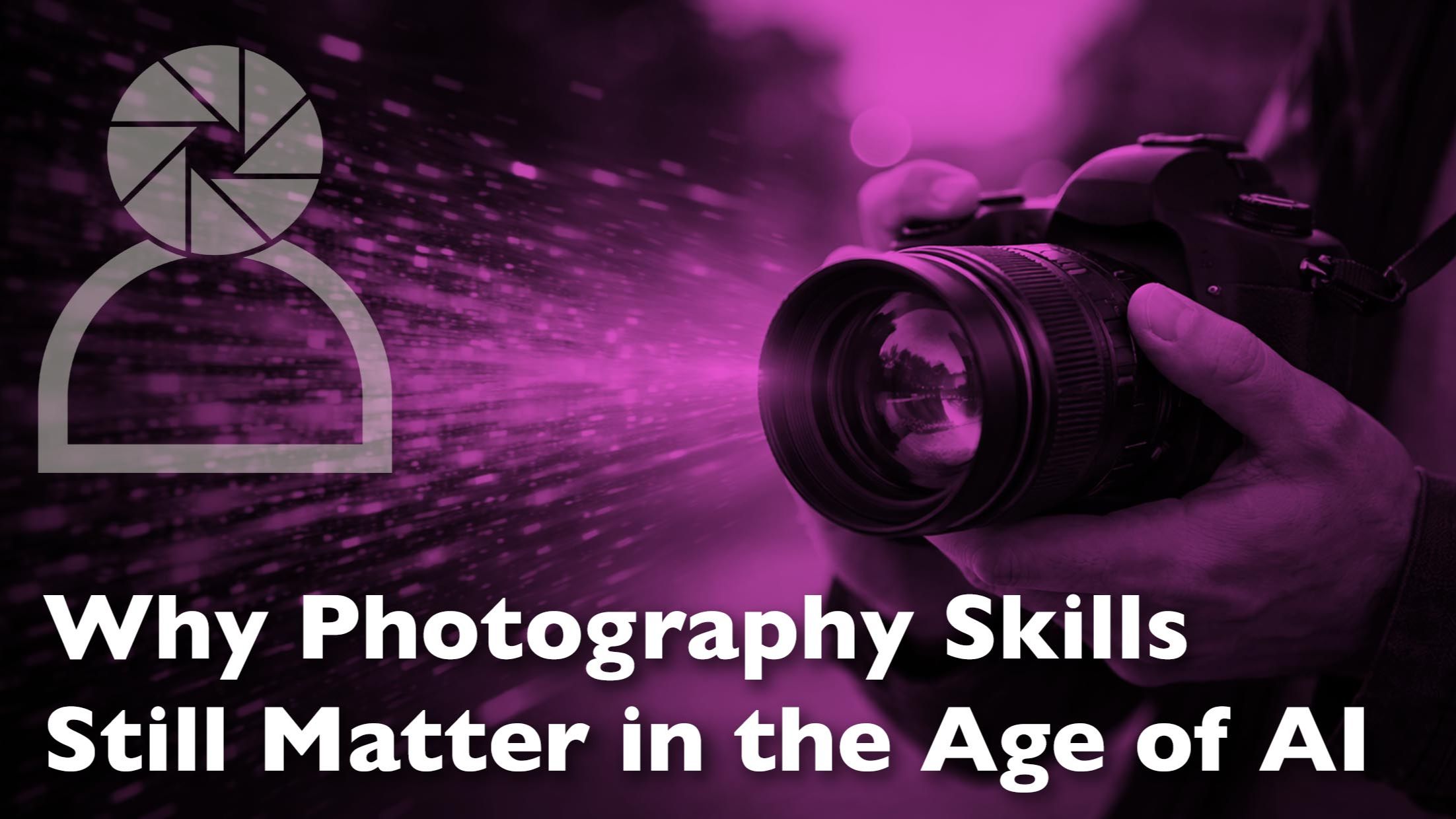 A photographer holding a camera as streams of digital pixels move towards the lens, symbolising the relationship between traditional photography skills and artificial intelligence.