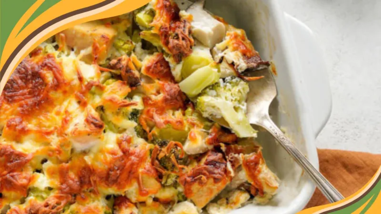 A close-up of a creamy chicken and mushroom casserole baked with broccoli and melted cheese. The dish looks warm and comforting, with golden crispy edges. This image reflects the GRWL approach to real food and sustainable weight loss featuring a creamy chicken and mushroom casserole.