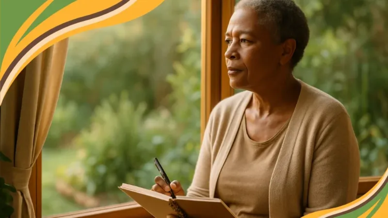 African American woman in her late 50s sitting by a garden window with warm morning light, holding a notebook and reflecting on the bank account of life.