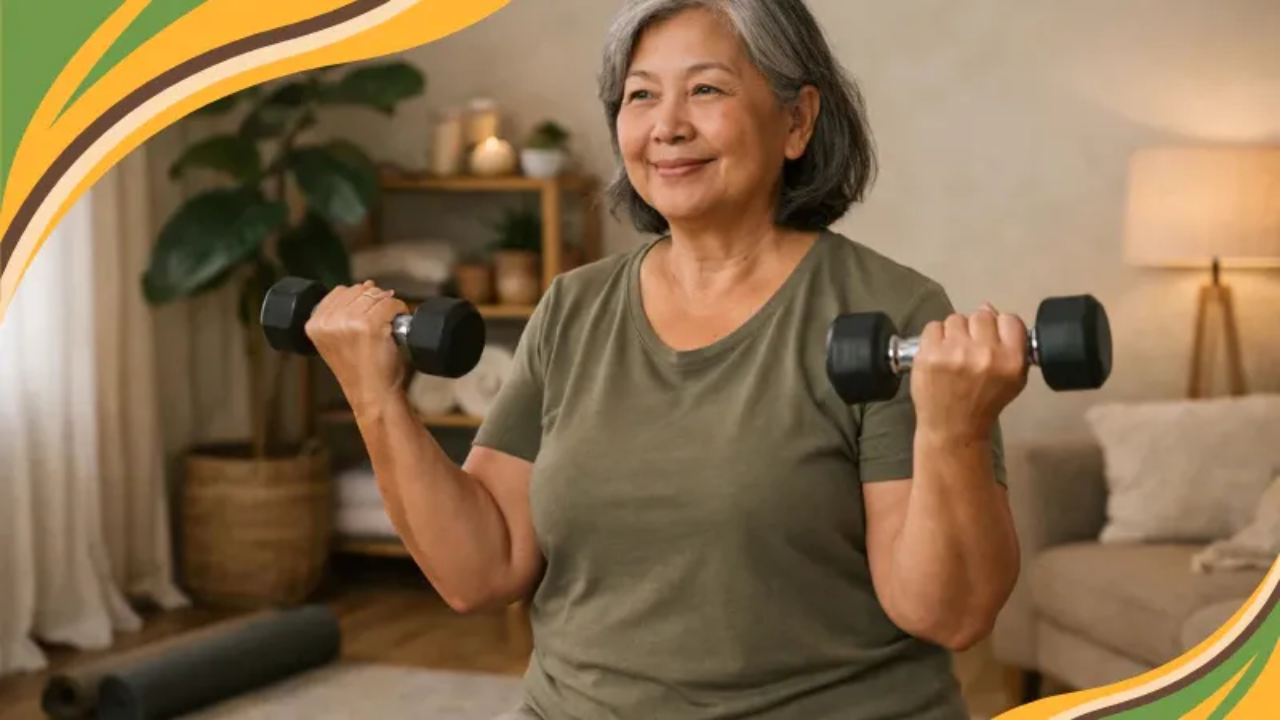 Woman strength training with dumbbells, showing confidence and balance while lifting weights without bulky muscles, representing strength training for women over 50.