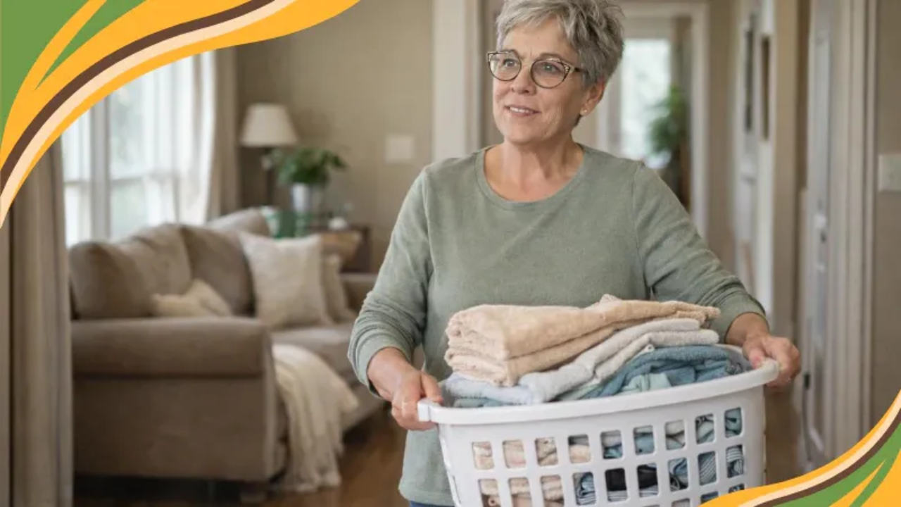 Woman over 60 carrying a laundry basket through her home, illustrating everyday strength and how creatine for women over 50 supports muscle and independence.