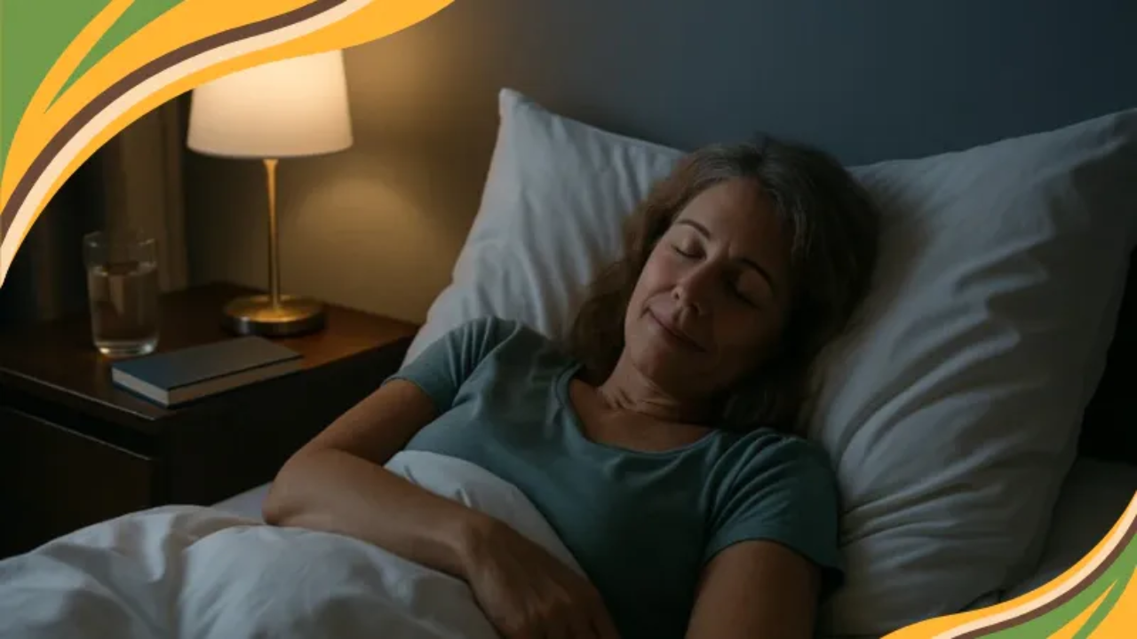 A peaceful wide image of a woman in her 50s sleeping soundly in a cozy, softly lit bedroom. The scene conveys calm, rest, and balance, with subtle cues of good sleep habits like a book and a glass of water on the nightstand.