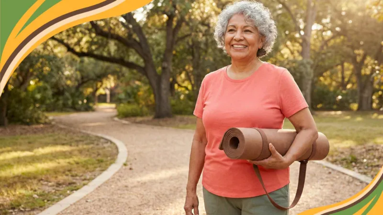 A joyful woman in her 60s with short white hair stands outdoors on a park path, laughing confidently while holding a yoga mat. Her coral top and relaxed posture reflect vitality and confidence. The warm natural lighting and earthy tones capture the GRWL spirit of wrinkles, wisdom, and weight loss — celebrating strength, joy, and aging well.