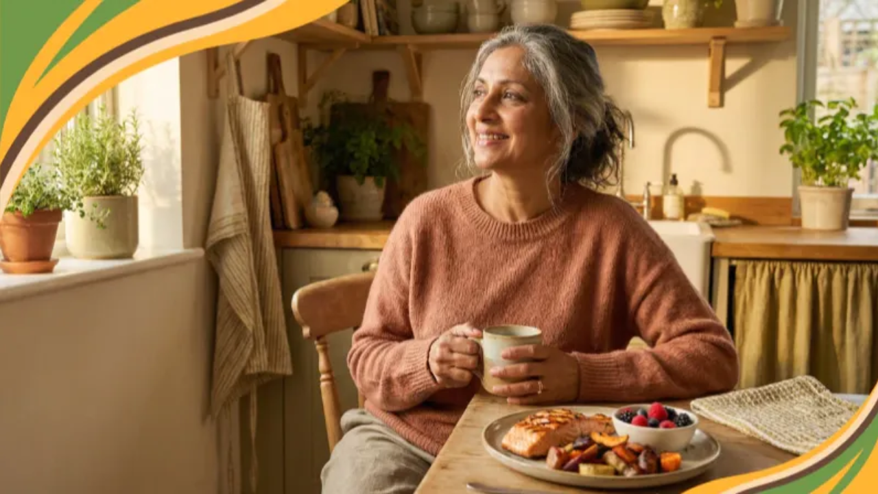 Woman in her 60s with gray hair sits at a wooden kitchen table in a warm, sunlit home, holding a mug and smiling thoughtfully. In front of her is a plate of salmon, roasted vegetables, and a bowl of fresh berries, reflecting a calm, balanced approach to real food and sustainable weight loss for women over 50.