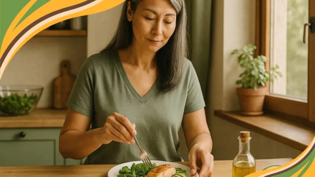 A middle-aged Asian woman with long gray hair stands at a wooden kitchen counter, calmly eating a healthy meal of salmon, avocado, and leafy greens. Natural light streams through a window beside her, and a small bottle of olive oil and a halved avocado sit nearby. The scene feels peaceful and nourishing.