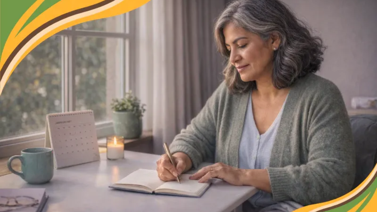 A woman over 50 sits at a table near a window, writing intentions in a notebook beside a simple January calendar. The calm, reflective New Year moment represents compassionate weight loss through release, gentleness, and realistic goal setting.
