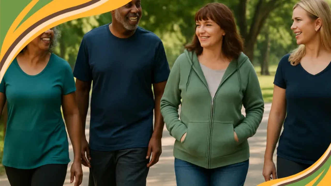A photograph captures four middle-aged adults walking along a tree-lined sidewalk in late afternoon light. They appear relaxed and engaged in conversation, wearing casual clothing and sneakers. The scene conveys community, movement, and healthy aging in a suburban neighborhood.