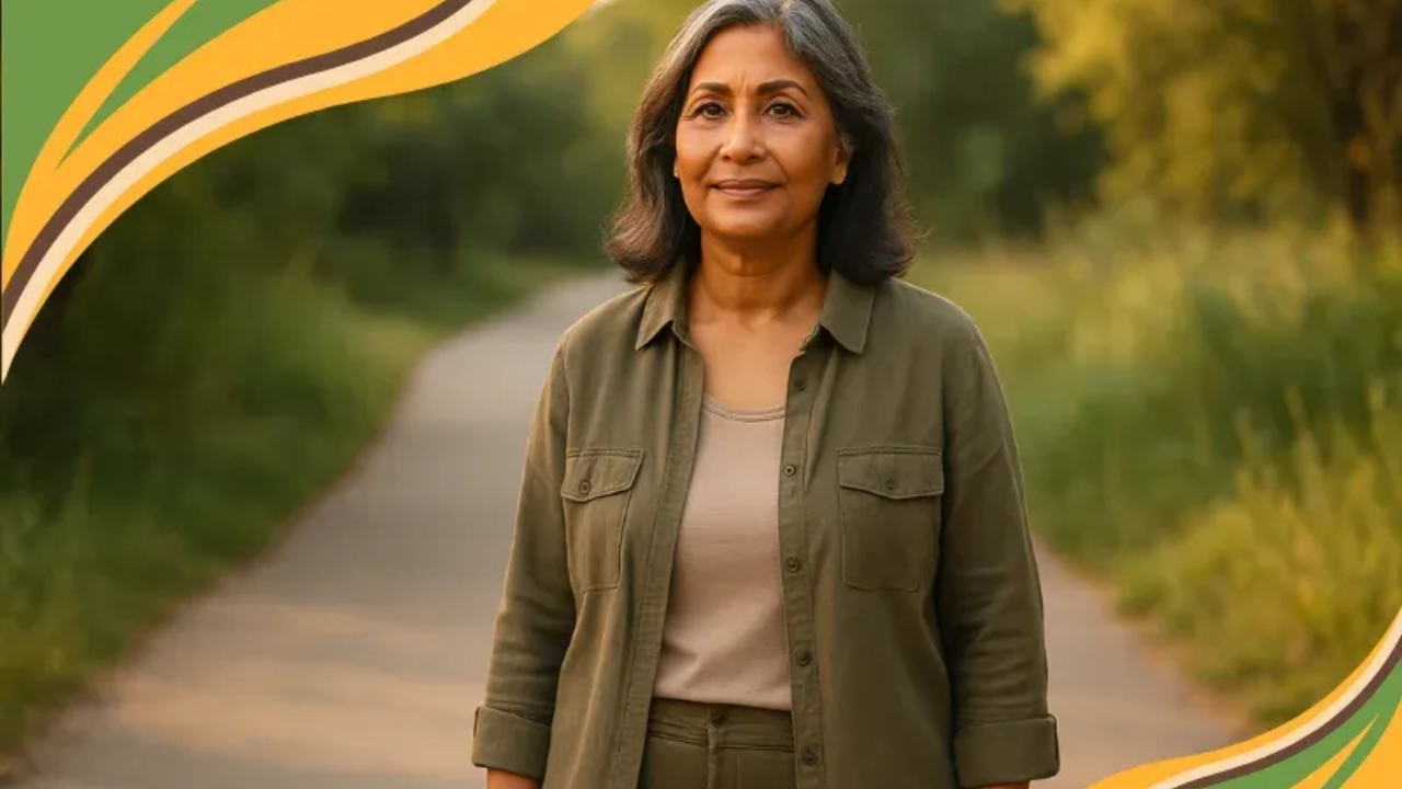 South Asian woman in her early 60s standing on a quiet walking path surrounded by soft greenery, representing health positivity and calm confidence.